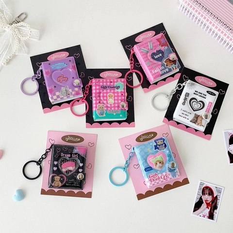 Mini Album Fotografico In PVC Portachiavi Ritaglio A Cuore Cartone Animato Orso Gatto Modello Porta Fototessere Portatile Cancelleria Kawaii