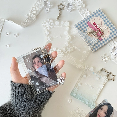 Llavero Soporte Para Tarjetas De Fotos De Acrílico Con Copos De Nieve Transparente Brillo Hebilla Estrella Invierno Almacenamiento