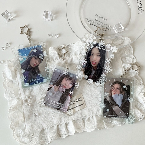 Tarjetero de Acrílico Transparente Con Copo de Nieve Y Llavero de Estrella Funda Protectora de Tarjetas Kpop Idol