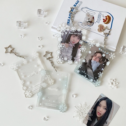 Llavero Soporte Para Tarjetas De Fotos De Acrílico Con Copos De Nieve Transparente Brillo Hebilla Estrella Invierno Almacenamiento