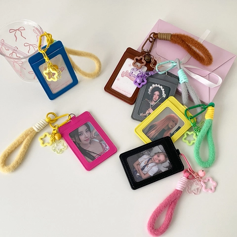PU Leather ID Card Holder Plush Lanyard Star Bell Pendant Transparent Window Students Photocard Sleeve Backpack Pendant