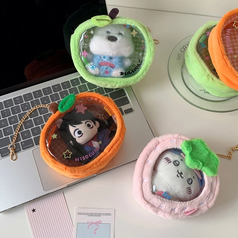Süße Plüsch Frucht Geformte Transparente Puppe Display Aufbewahrungstasche Mit Metallkette Erdbeere Apfel Orange Cartoon Beutel Für Puppen