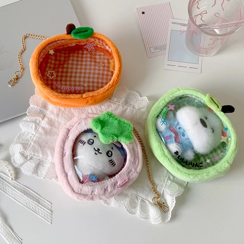 Plüsch Frucht Puppen Display Tasche Transparentes Fenster Erdbeere Orange Apfel Umhängetasche Metallkette Kawaii Kleiner Speicher