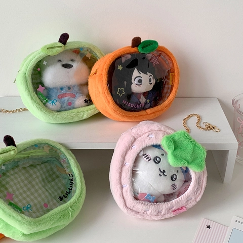 Plüsch Frucht Puppen Display Tasche Transparentes Fenster Erdbeere Orange Apfel Umhängetasche Metallkette Kawaii Kleiner Speicher