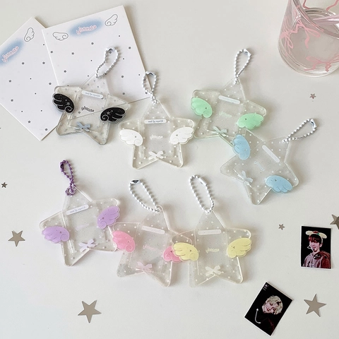 Ins Style Acrylic Star Photo Card Holder With Wings And Bead Chain For Idol Cards Display Cute Keychain Hanging Ornament School Accessory