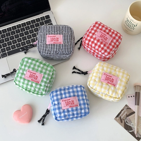 Gingham Checkered Cosmetic Bag Quilted Cotton Pouch Heart Stitching Zippered Makeup Storage Portable Mini Bag For Women