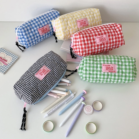 Heart Quilted Gingham Pencil Case Grid Fabric Stationery Storage Bag Zippered Large Capacity Portable Cosmetic Organizer