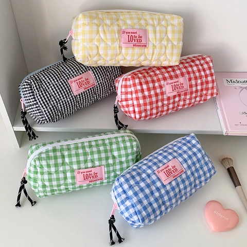 Heart Quilted Gingham Pencil Case Grid Fabric Stationery Storage Bag Zippered Large Capacity Portable Cosmetic Organizer
