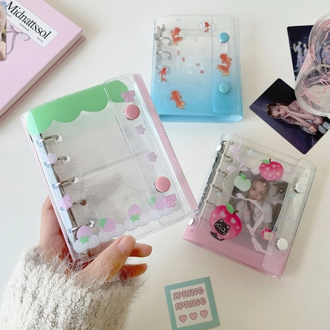 Mini Three-Hole Loose-Leaf Notebook PVC Clear Binder Photocard Album Girly Cartoon Strawberry Apple Goldfish Diary