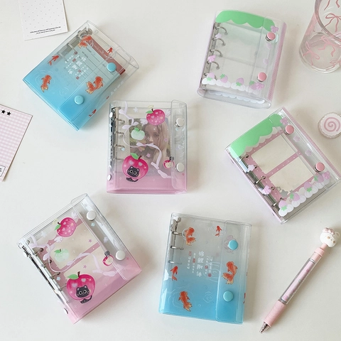 Mini Three-Hole Loose-Leaf Notebook PVC Clear Binder Photocard Album Girly Cartoon Strawberry Apple Goldfish Diary