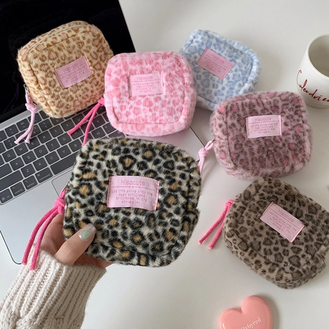 Leopard Print Plush Storage Bag Square Portable Cosmetic Pouch Sanitary Napkin Organizer Soft Faux Fur Zip Travel Case