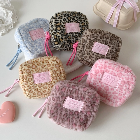 Mode Luipaardprint Pluche Vierkante Make-uptas Vrouwen Zachte Kunstbont Cosmetische Opbergzak Mini Portemonnee Reistas