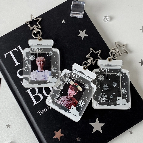 Acrylic Photo Card Holder Keychain Bottle Shape Snowflake Pattern With Metal Star Buckle Bag Charm Transparent
