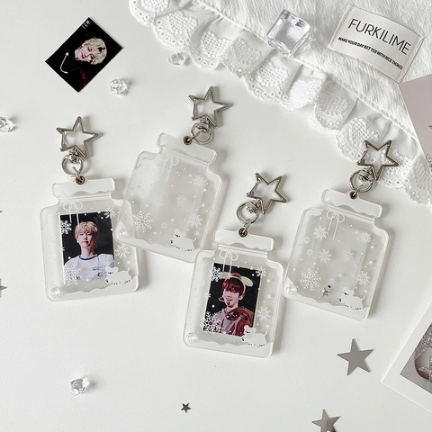 Acrylic Photo Card Holder Keychain Bottle Shape Snowflake Pattern With Metal Star Buckle Bag Charm Transparent
