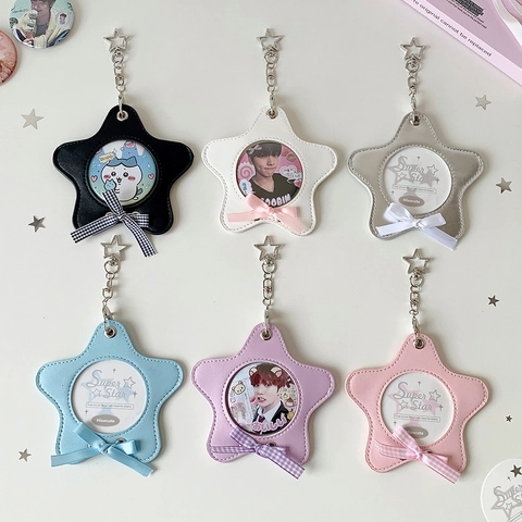 Portatarjetas De Cuero PU En Forma De Estrella Con Ventana Transparente Y Lazo Funda Para Fotos Kpop Idol Lindo Llavero