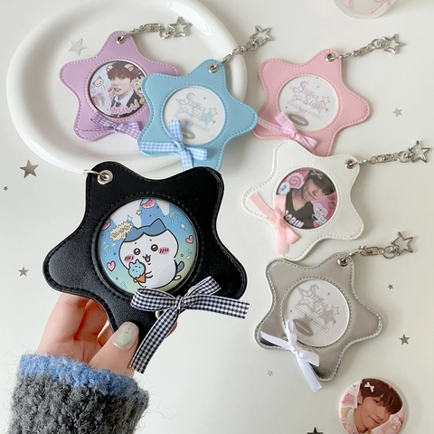 Portatarjetas De Cuero PU En Forma De Estrella Con Ventana Transparente Y Lazo Funda Para Fotos Kpop Idol Lindo Llavero