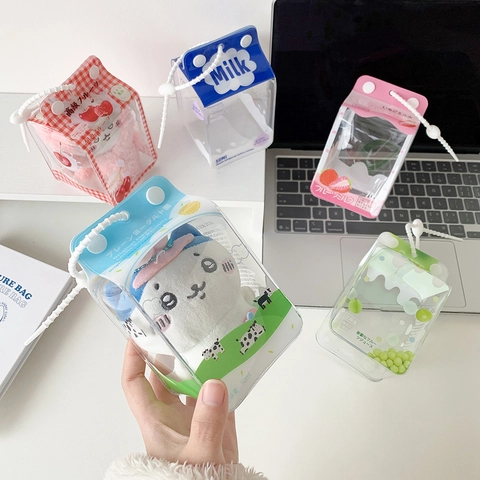 Transparent Milk Carton Storage Bag Pvc Waterproof Fruit Print Doll Display Case Desktop Organizer Portable Cute For Kids