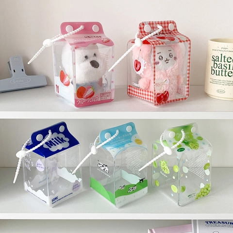 Transparent Milk Carton Storage Bag Pvc Waterproof Fruit Print Doll Display Case Desktop Organizer Portable Cute For Kids