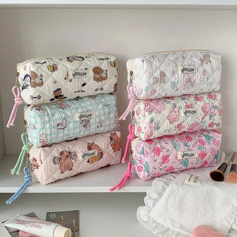 Quilted Fabric Pencil Case Korean Cartoon Animal Floral Makeup Bag Zipper Closure Stationery Storage Bag For Students Girls