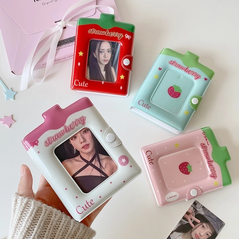 Strawberry Mini Photocard Holder PVC Album With Button Closure Portable Collect Book For Photos And Cards Cute Ins Style