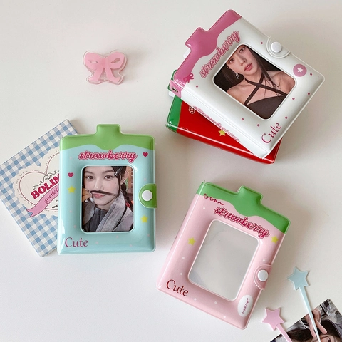 Strawberry Milk Carton Style Mini Photo Album PVC Kpop Idol Photocard Binder Collect Book Snap Button Card Holder Girls