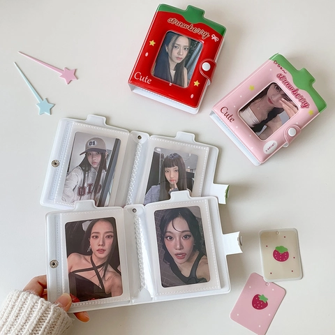Strawberry Mini Photocard Holder PVC Album With Button Closure Portable Collect Book For Photos And Cards Cute Ins Style