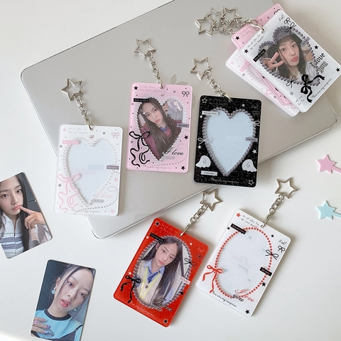 Acrylic Heart Hollow Photocard Holder Keychain With Star Clasp Decorative Artificial Pearl Ribbon Print Photo Sleeve