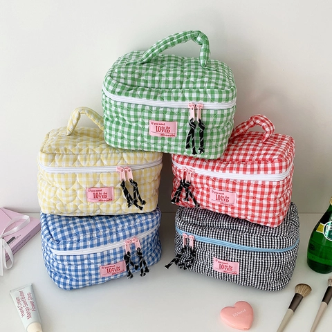 Checkered Quilted Cosmetic Bag Heart Stitching Toiletry Pouch With Handle Double Zipper Portable Makeup Organizer