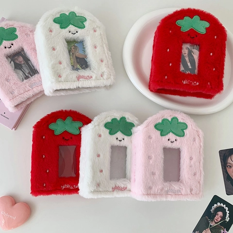 Porte-Cartes Photo Fraise En Peluche Kawaii Doux À Poils Reliure Pour Cartes Kpop Coque D'Album Photo Avec Pages Intérieures