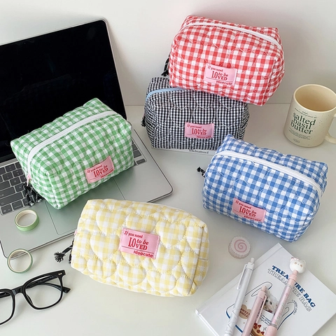 Herz Gesteppt Kariert Kosmetiktasche Große Kapazität Gingham Make-up Beutel Tragbare Schreibwaren Federmappe Reise Organizer Für Damen