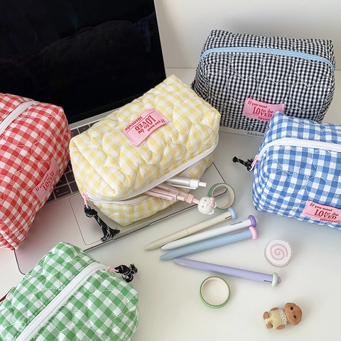 Herz Gesteppt Kariert Kosmetiktasche Große Kapazität Gingham Make-up Beutel Tragbare Schreibwaren Federmappe Reise Organizer Für Damen