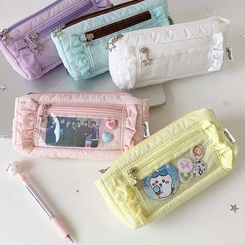 Trousse à Crayons Kawaii avec Bord à Volants Grande Capacité Sac Matelassé en Coton Polyester avec Fermeture Éclair Étoile pour Étudiant