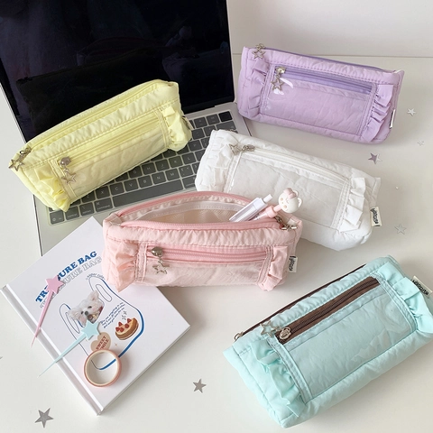 Trousse à Crayons Kawaii avec Bord à Volants Grande Capacité Sac Matelassé en Coton Polyester avec Fermeture Éclair Étoile pour Étudiant