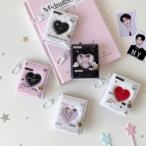 Mini Album Fotografico PVC con Cuore Traforato Portachiavi Portatile Kpop Raccoglitore Carte Portacarte Ciondolo Regalo Donna