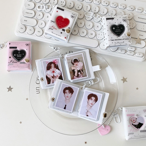 Mini Heart Cutout Photo Album Keychain PVC Photocard Binder For Photos Students Kpop Star Card Storage Book Cute Heart Charm Hanging Pendant
