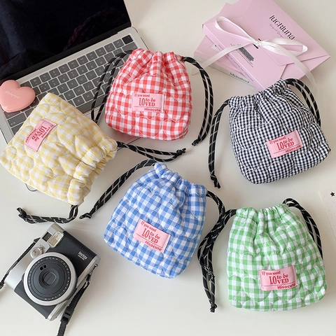 Korean Style Quilted Gingham Heart Pattern Drawstring Storage Bag Portable Polyester Cotton Cosmetic Organizer Pouch Bag
