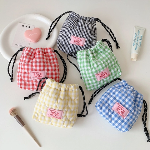 Trousse à Maquillage Vichy Cœur Matelassé avec Cordon Style Coréen Pochette Cosmétique en Coton Portable Organisateur de Voyage
