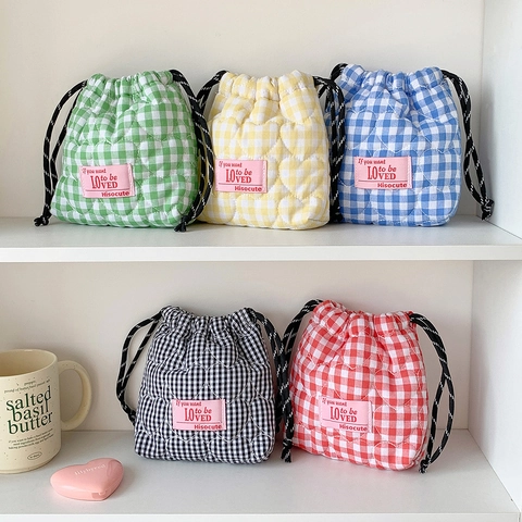 Korean Style Quilted Gingham Drawstring Makeup Bag Heart Pattern Portable Toiletry Pouch For Women Travel Storage Organizer