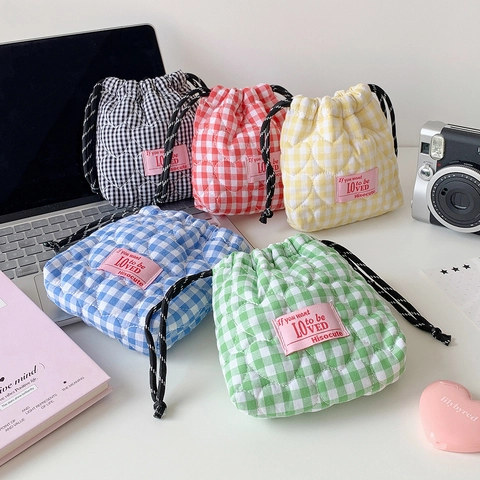 Korean Style Quilted Gingham Heart Pattern Drawstring Storage Bag Portable Polyester Cotton Cosmetic Organizer Pouch Bag
