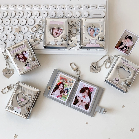 Silber Spiegel Mini Fotoalbum Schlüsselanhänger Herz Hohl Kartenhalter Tragbare PVC Aufbewahrung Für Fotos Student Geschenk