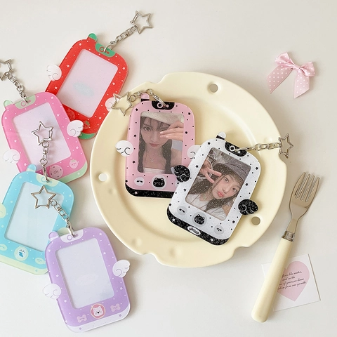 Cute Acrylic Photo Card Holder With Wings Star Keychain Retro Game Console Style Hollow Glitter Protector For Idol Cards