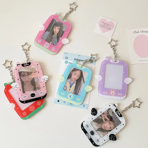 Cute Acrylic Photo Card Holder With Wings Star Keychain Retro Game Console Style Hollow Glitter Protector For Idol Cards