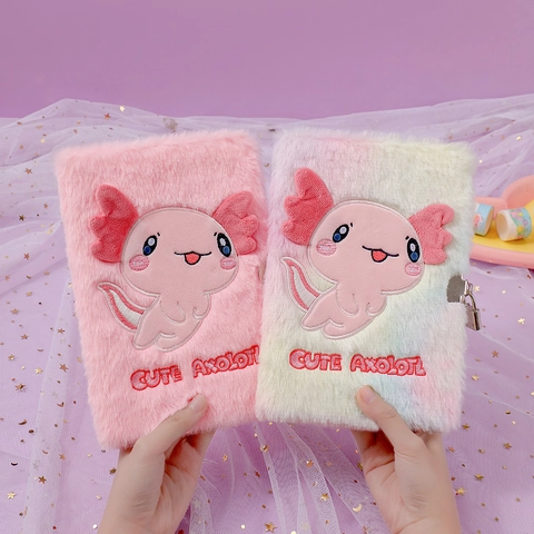 Cute Axolotl Plush Locked Notebook For Girls Soft Fuzzy Secret Diary With Metal Heart Lock And Keys Stationery Gift
