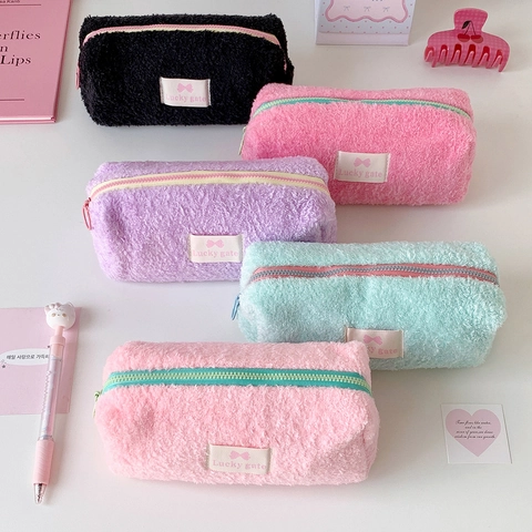 Large Capacity Plush Makeup Bag Simple Cute Solid Color Zipper Stationery Pouch For Travel School Students Pencil Case