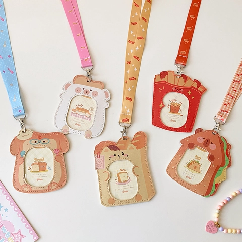 Cartoon Food Animal PU Leather ID Card Holder With Lanyard Kawaii Bear Dog Sandwich Card Sleeve For School Bus Photo