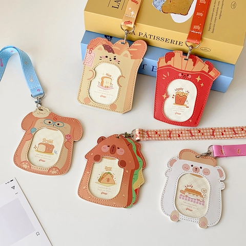 Cartoon Food Animal PU Leather ID Card Holder With Lanyard Kawaii Bear Dog Sandwich Card Sleeve For School Bus Photo
