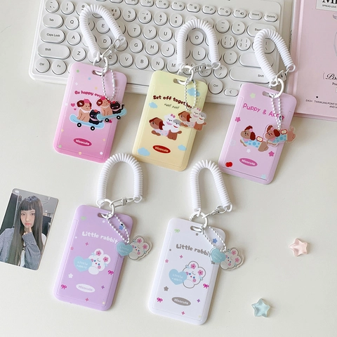 Porte-Carte Coulissant Dessin Animé Étui d'Identité Étudiant Avec Porte-Clés à Ressort et Pendentif Animal en Acrylique pour Photos d'Idole
