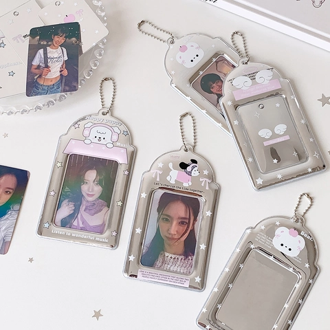 Shiny Mirror PVC Photo Card Holder With Metal Bead Chain Cartoon Animal Pendant Student Bus Card Protector Korean Style