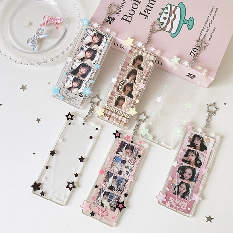 Acrylic Photocard Holder With Star Metal Keychain Pendant Four Grid Idol Photo Display Sleeve Star Pattern Card Protector