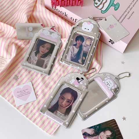 Shiny Mirror PVC Photo Card Holder With Metal Bead Chain Cartoon Animal Pendant Student Bus Card Protector Korean Style